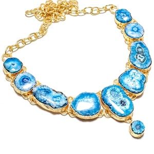 Sun burst blue Agate & gold statement necklace